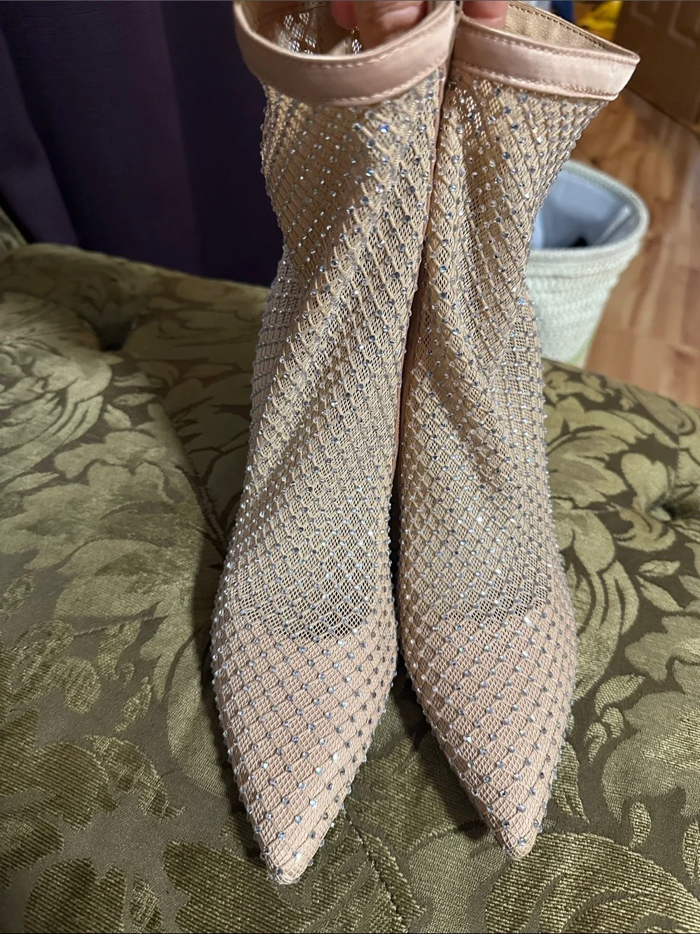 Women's Nude Mesh Ankle Booties with Embellished Rhinestones new no tags